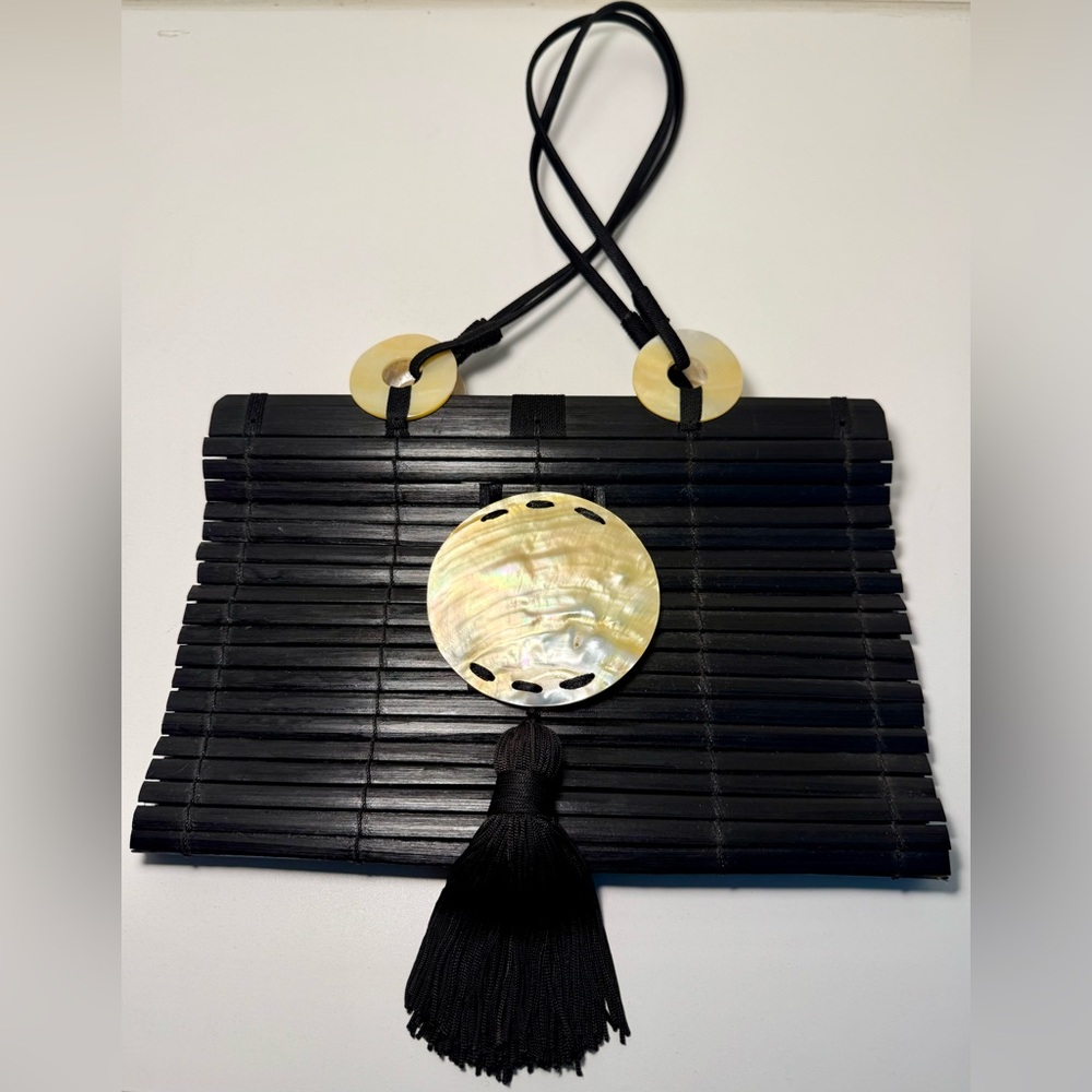 Julie Ellis Black Bamboo Handbag with Mother of Pearl Accents